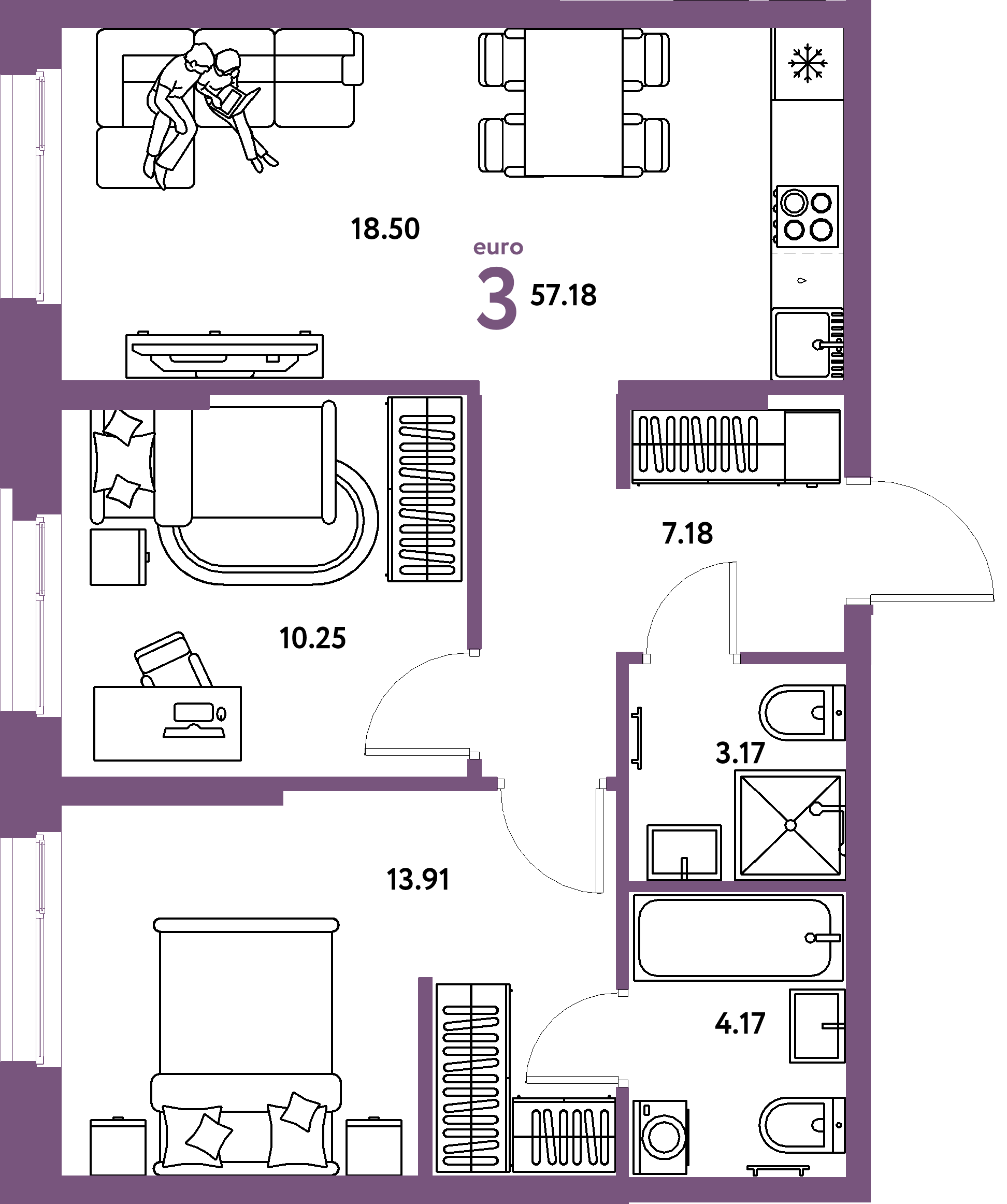 Планировка: Евротрёшка 57,18 м² в ЖК «Европейский берег 2.0»