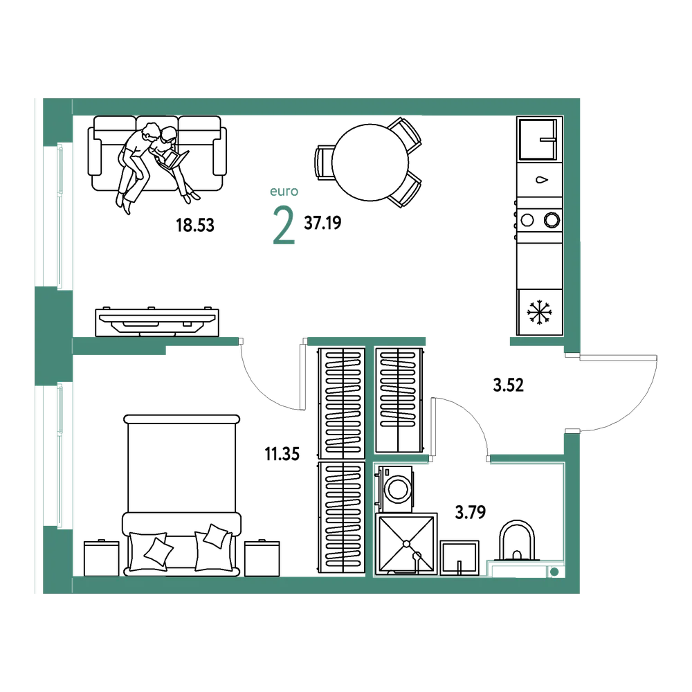 Планировка: Евродвушка 37,19 м²