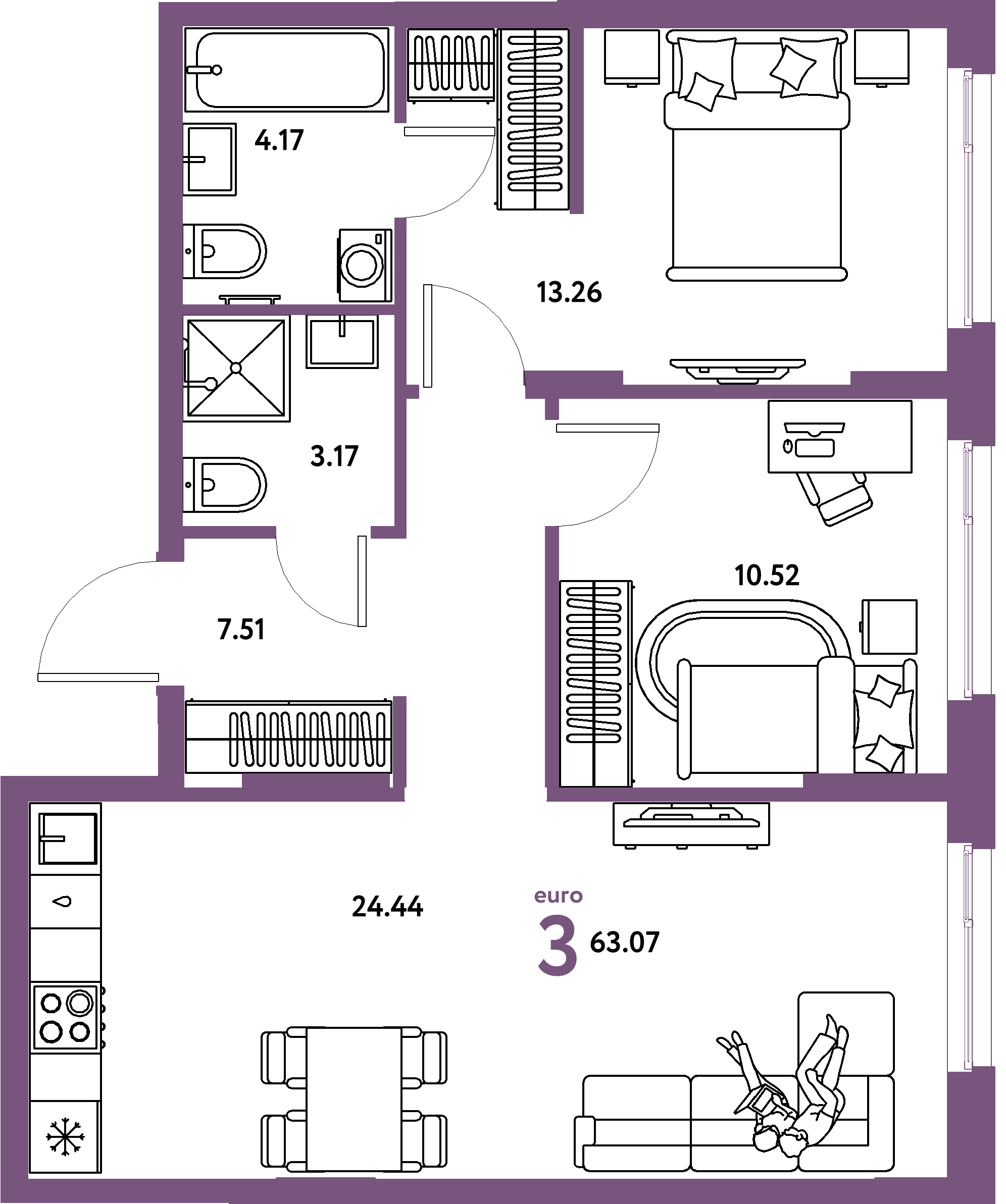 Планировка: Евротрёшка 63,07 м² в ЖК «Европейский берег 2.0»
