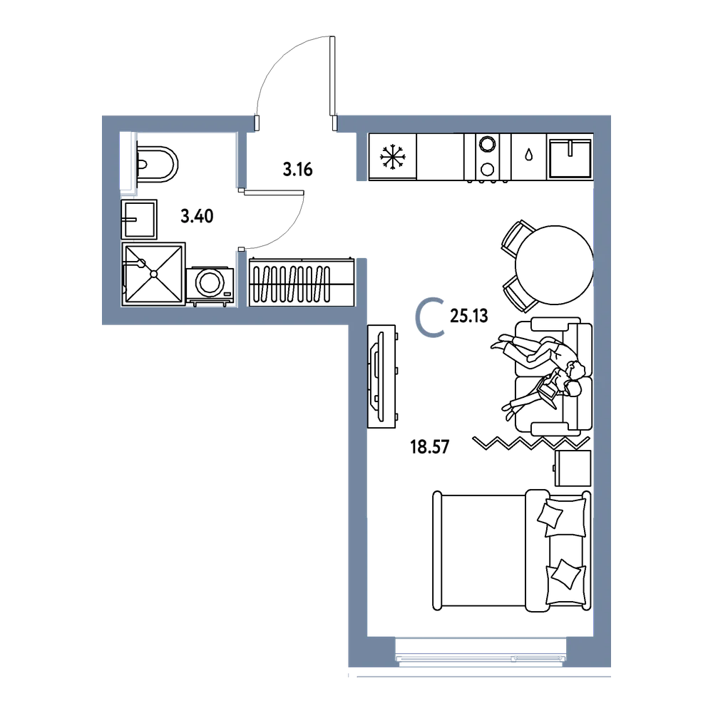 Планировка: Студия 25,13 м²