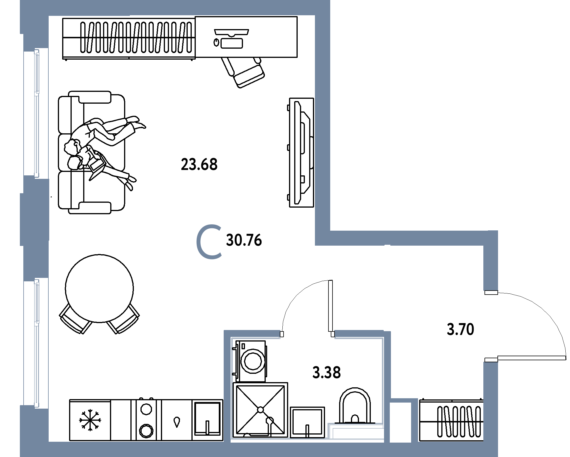 Планировка: Студия 30,76 м² в ЖК «Сердце Сибири»