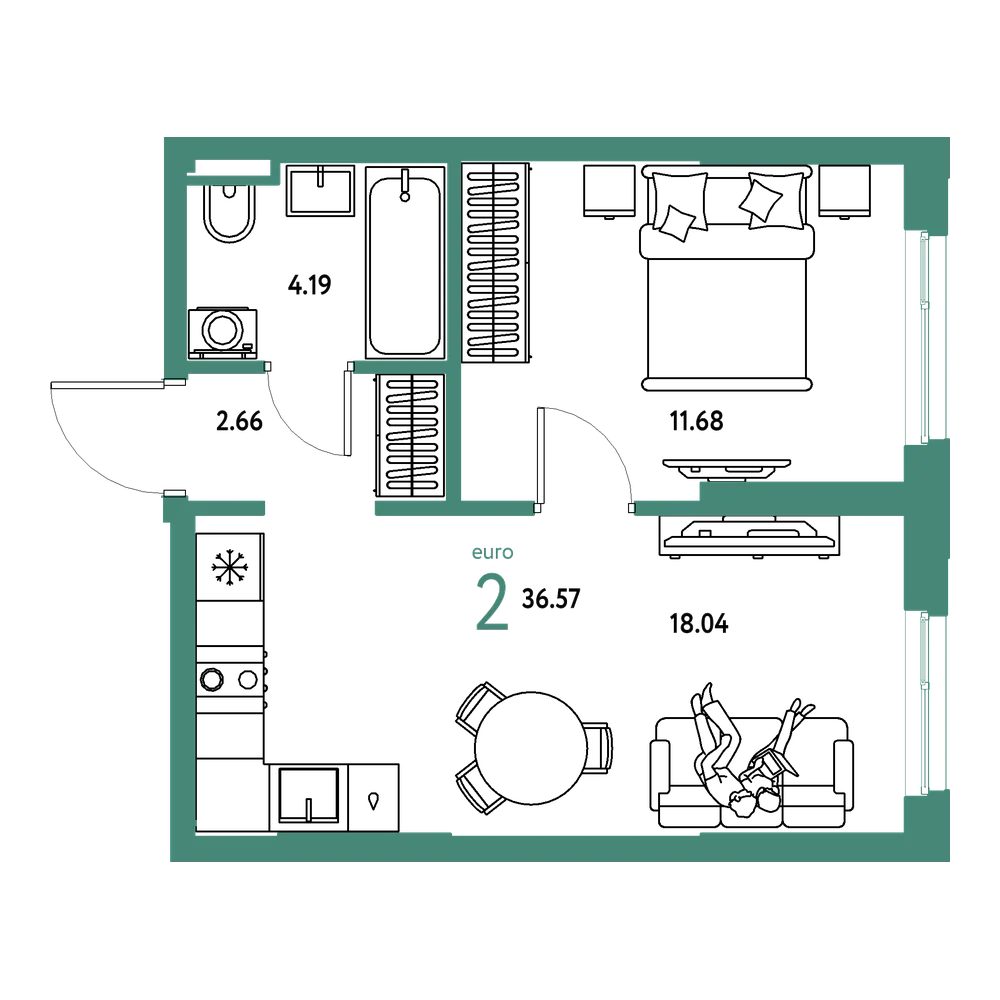 Планировка: Евродвушка 36,57 м²