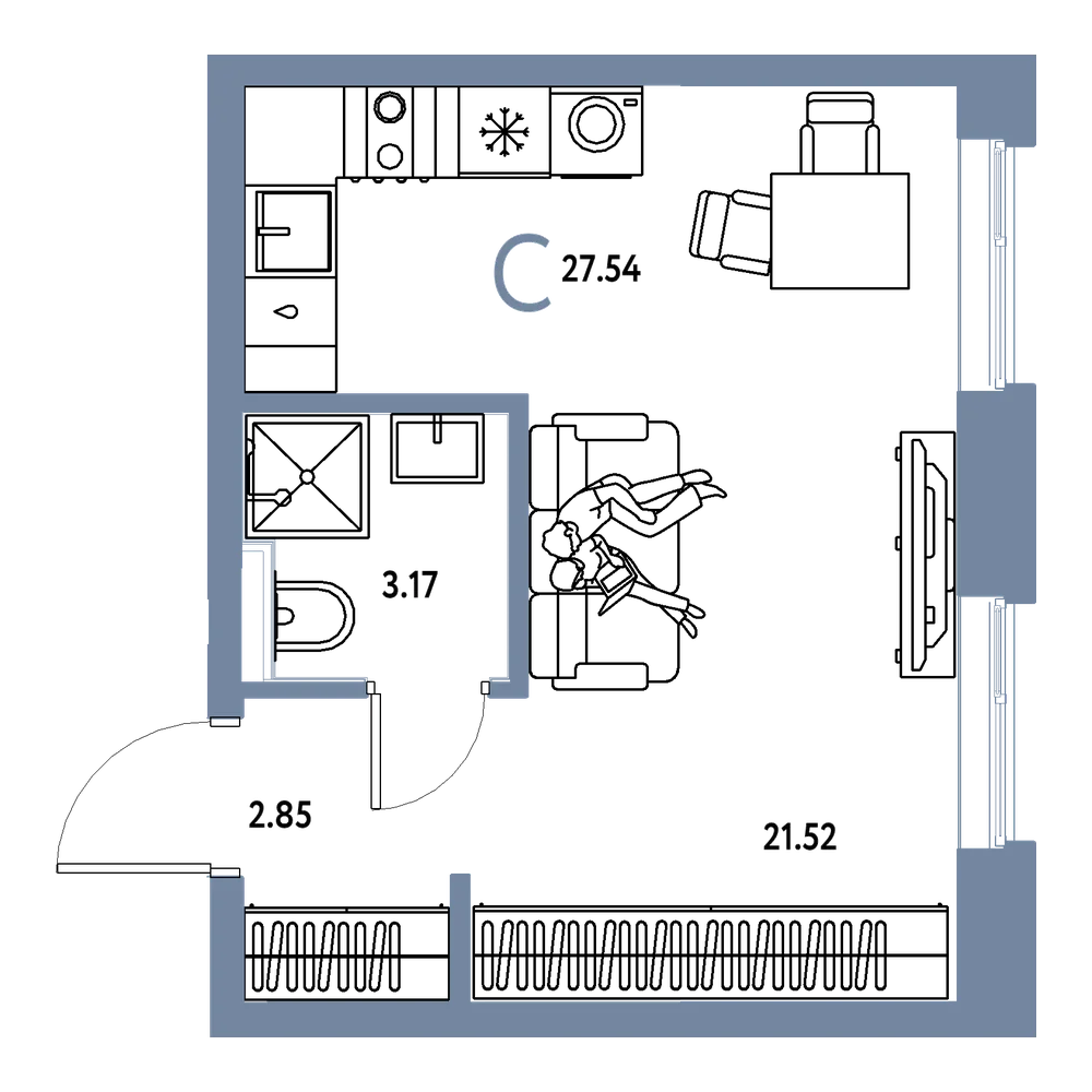 Планировка: Студия 27,54 м²