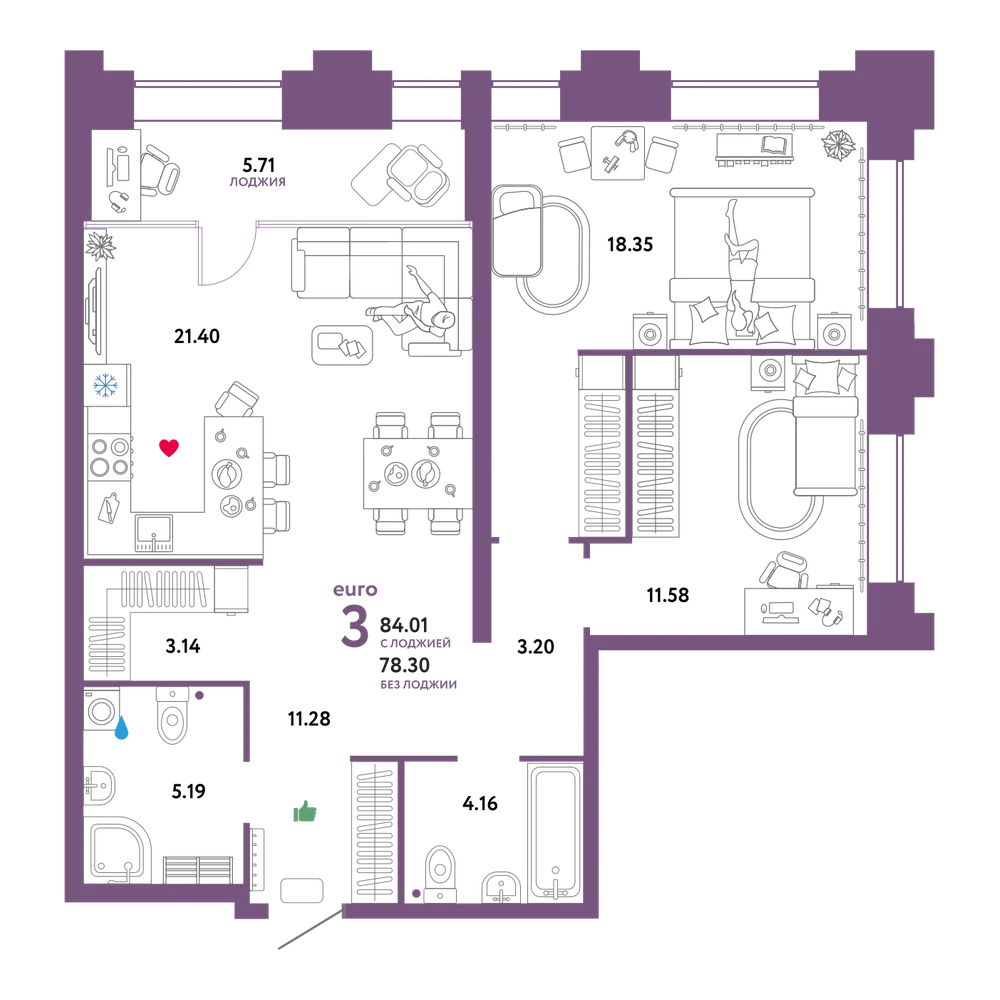 Планировка: Евротрёшка 84,01 м²