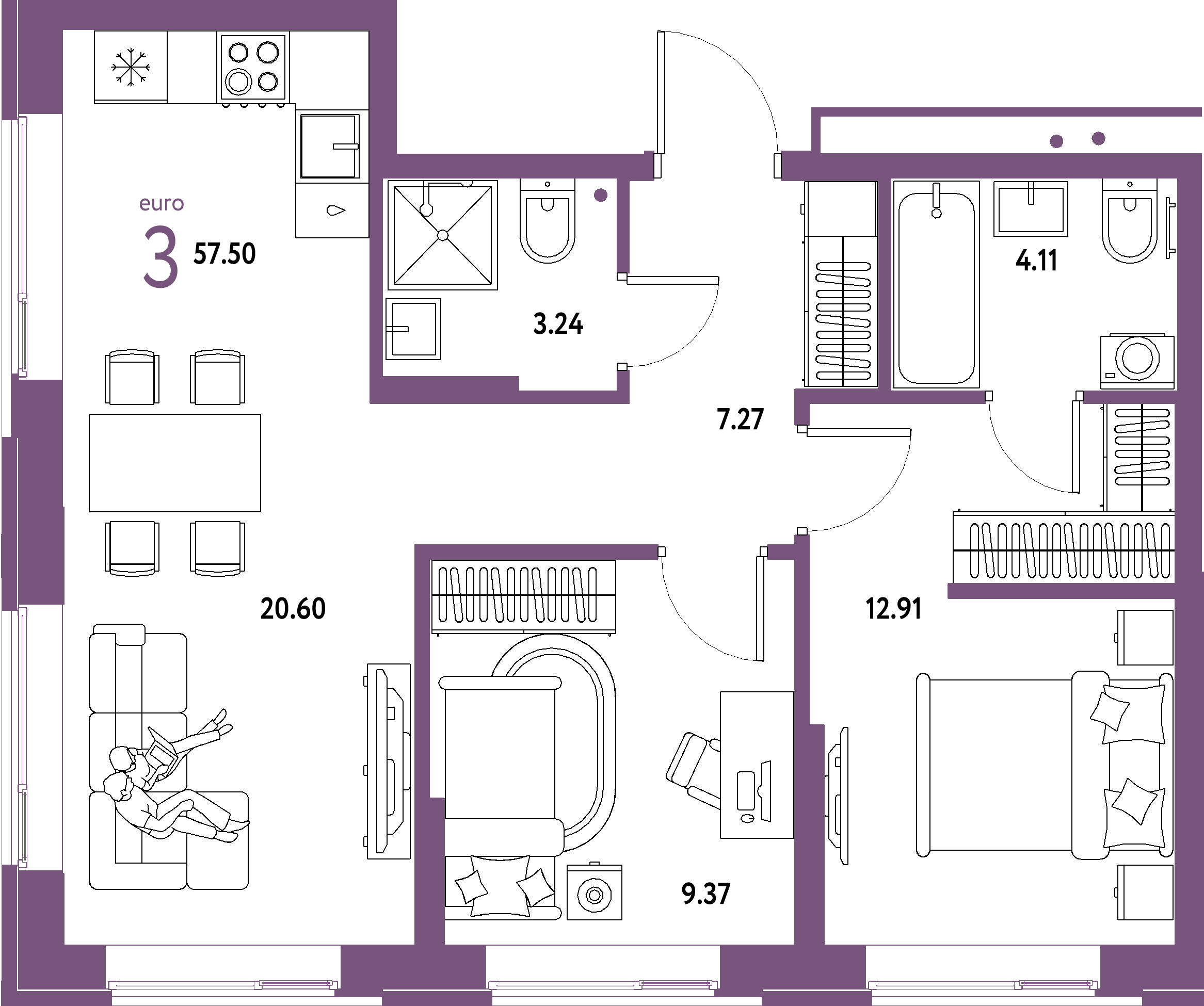Планировка: Евротрёшка 57,5 м² в ЖК «Домашний»