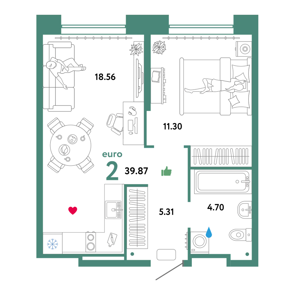 Планировка: Евродвушка 39,87 м²