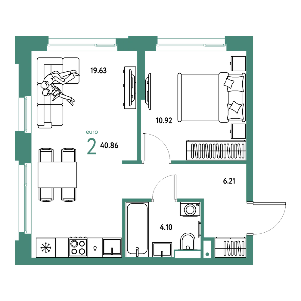 Планировка: Евродвушка 40,86 м²
