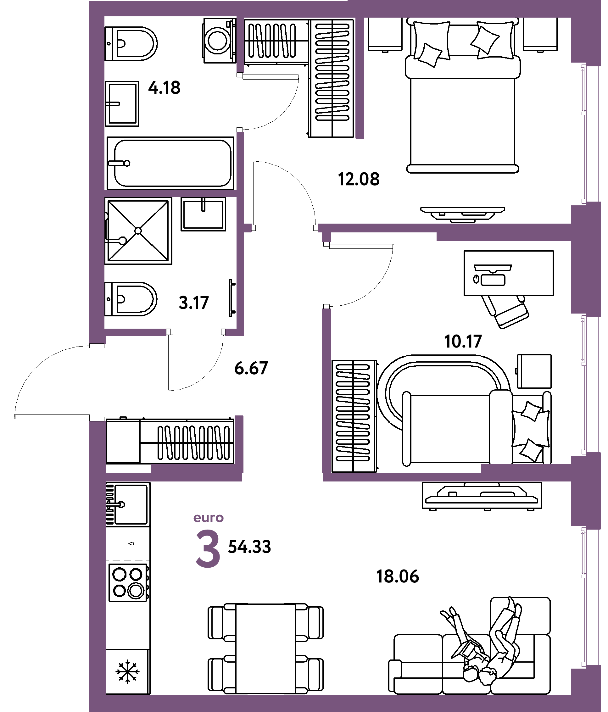 Планировка: Евротрёшка 54,33 м² в ЖК «Европейский берег 2.0»