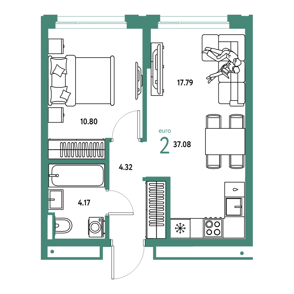 Планировка: Евродвушка 37,08 м²