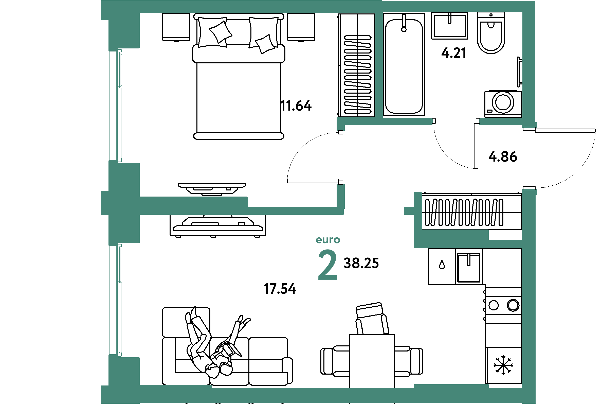 Планировка: Евродвушка 38,25 м² в ЖК «Европейский берег 2.0»