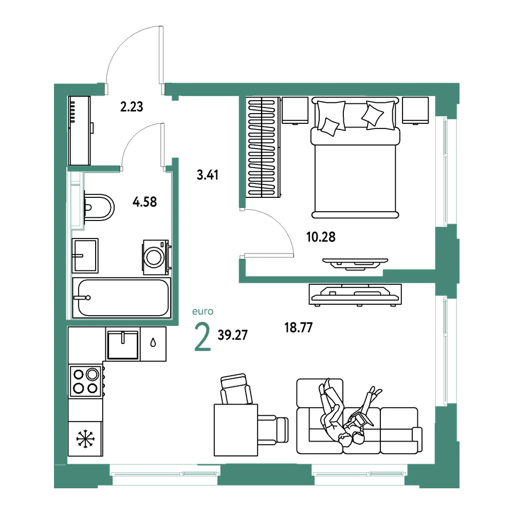 Планировка: Евродвушка 39,27 м²