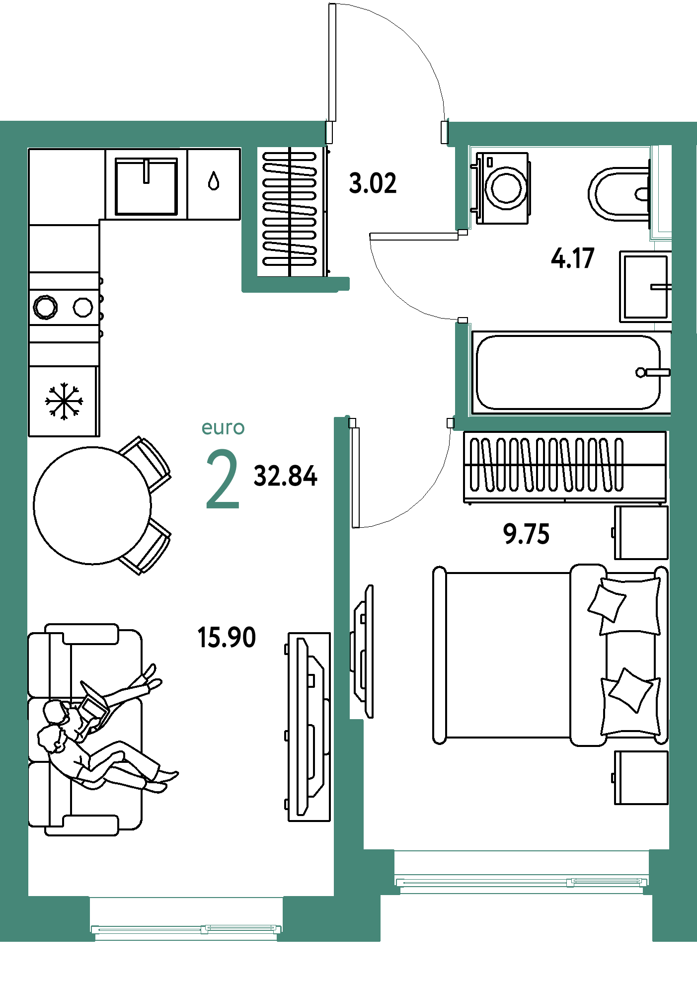 Планировка: Евродвушка 32,77 м² в ЖК «Остров-сад»