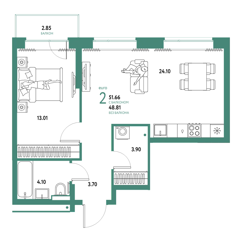 Планировка: Евродвушка 51,66 м²