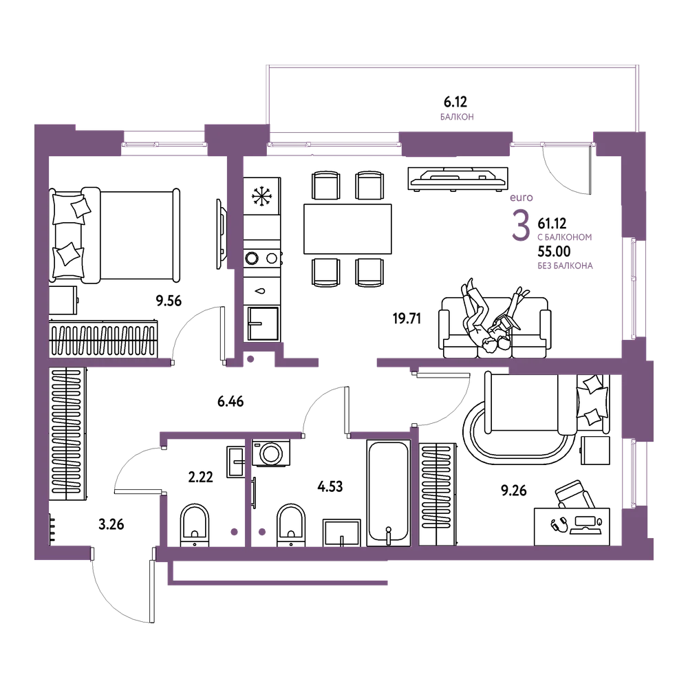 Планировка: Евротрёшка 61,12 м²