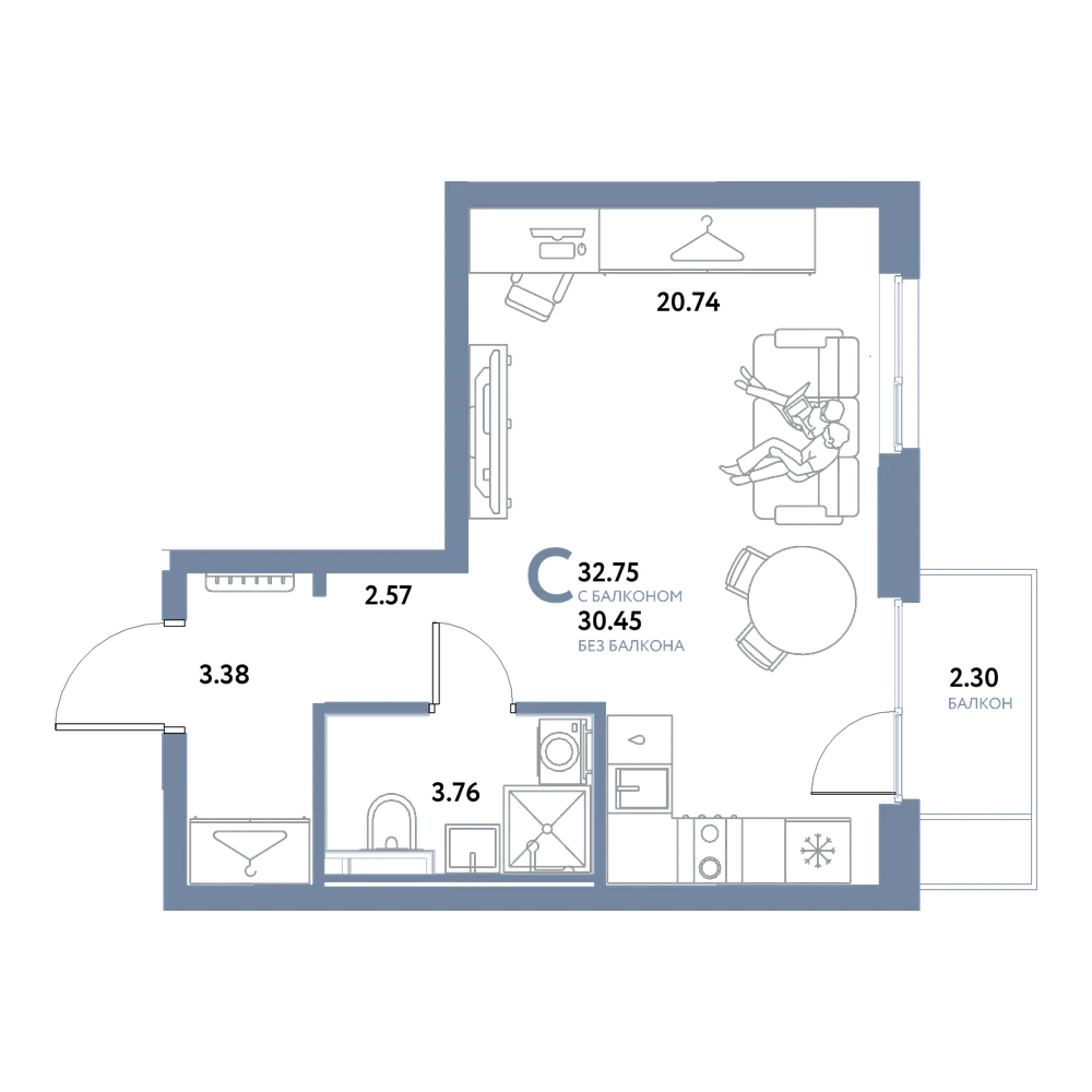 Планировка: Студия 32,75 м²