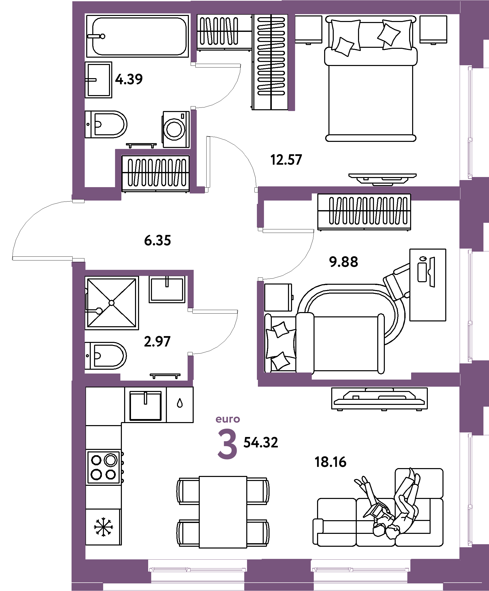 Планировка: Евротрёшка 54,32 м² в ЖК «Европейский берег 2.0»