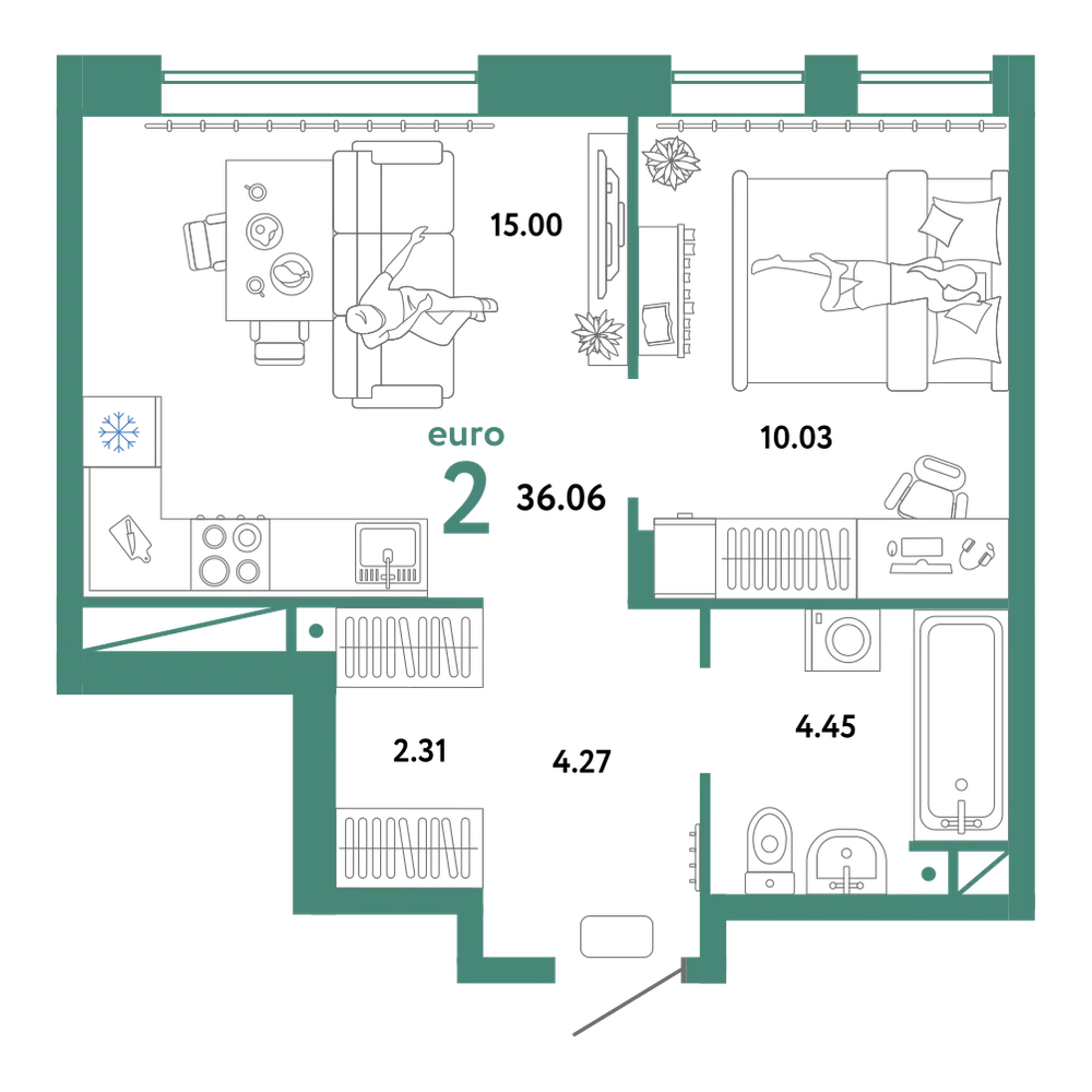 Планировка: Евродвушка 36,06 м²