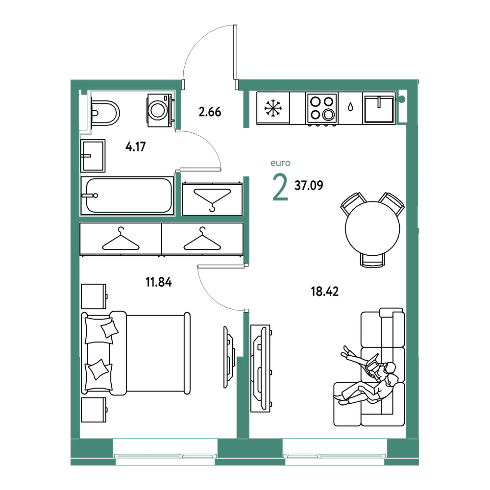Планировка: Евродвушка 37,09 м²