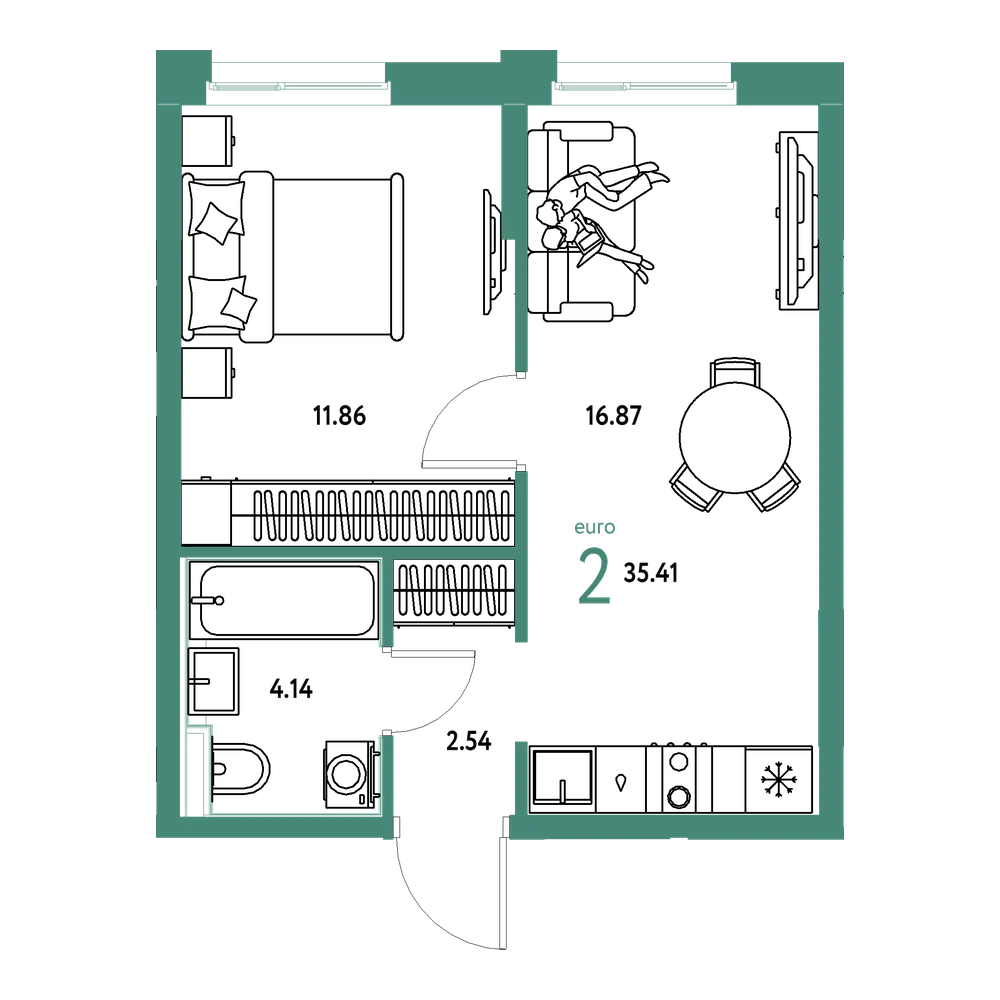 Планировка: Евродвушка 35,41 м²