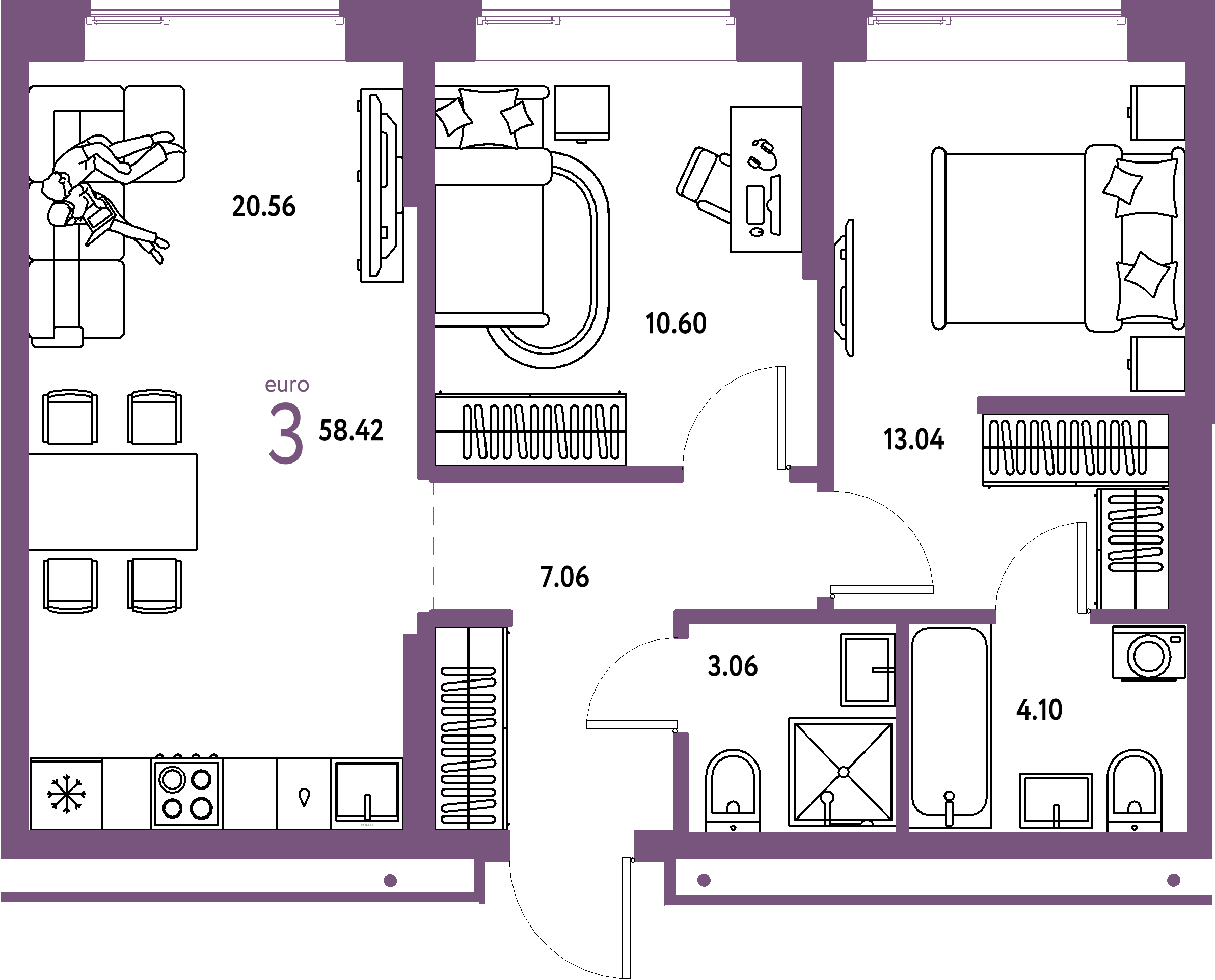Планировка: Евротрёшка 58,42 м² в ЖК «Домашний»