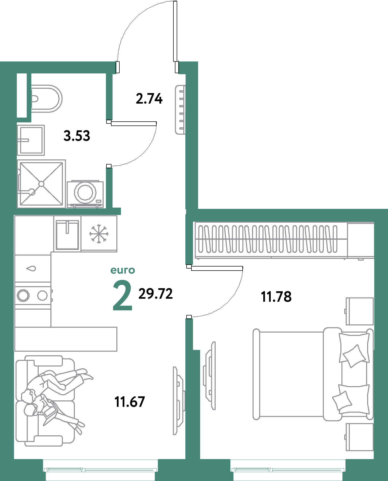 Планировка: Евродвушка 29,72 м² в ЖК «Остров-сад»