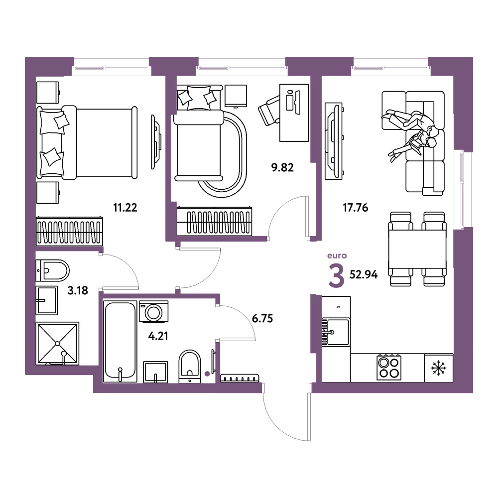 Планировка: Евротрёшка 52,94 м²