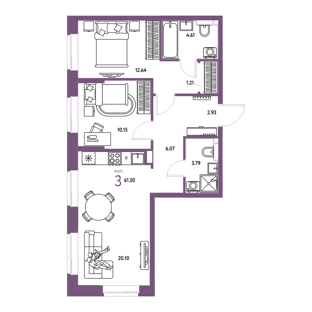 Планировка: Евротрёшка 61,5 м²