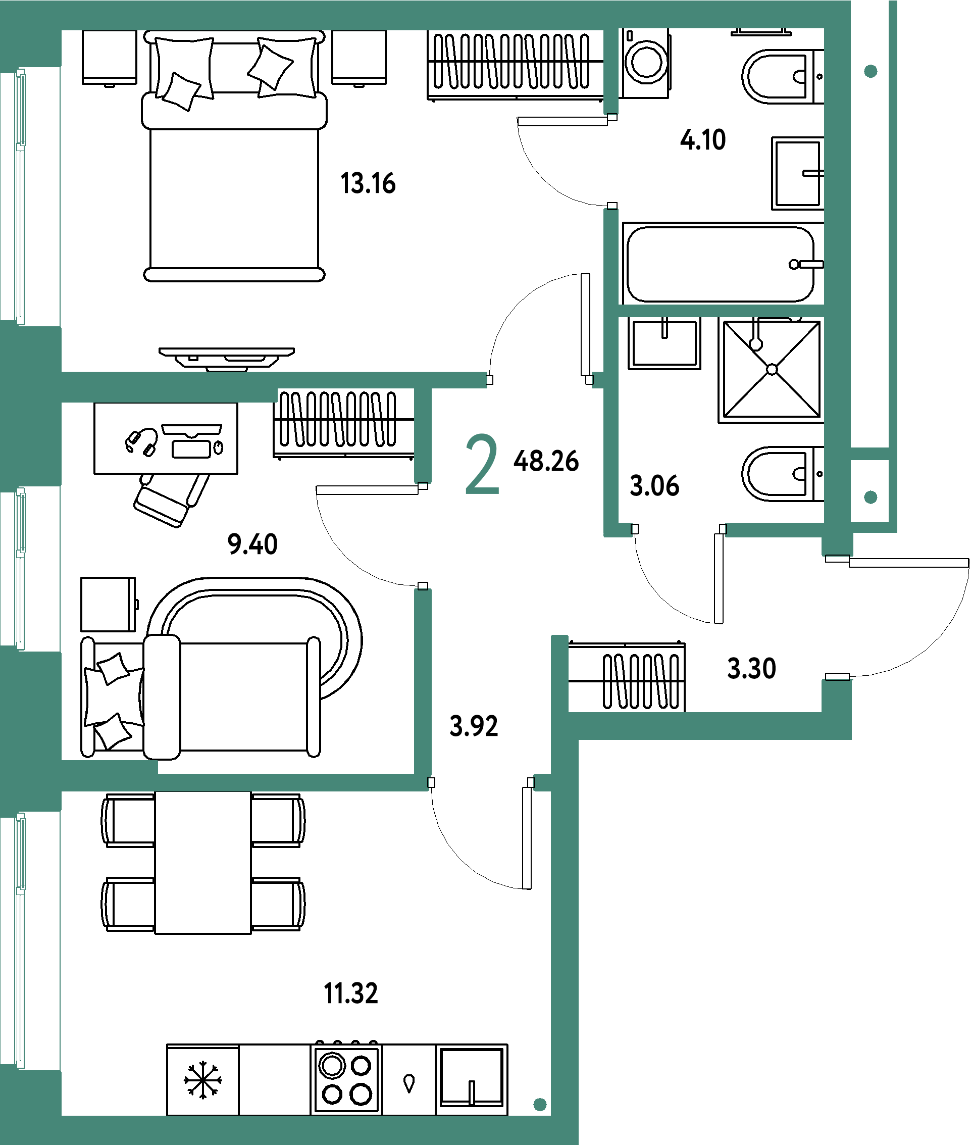 Планировка: 2-комнатная 48,26 м² в ЖК «Домашний»