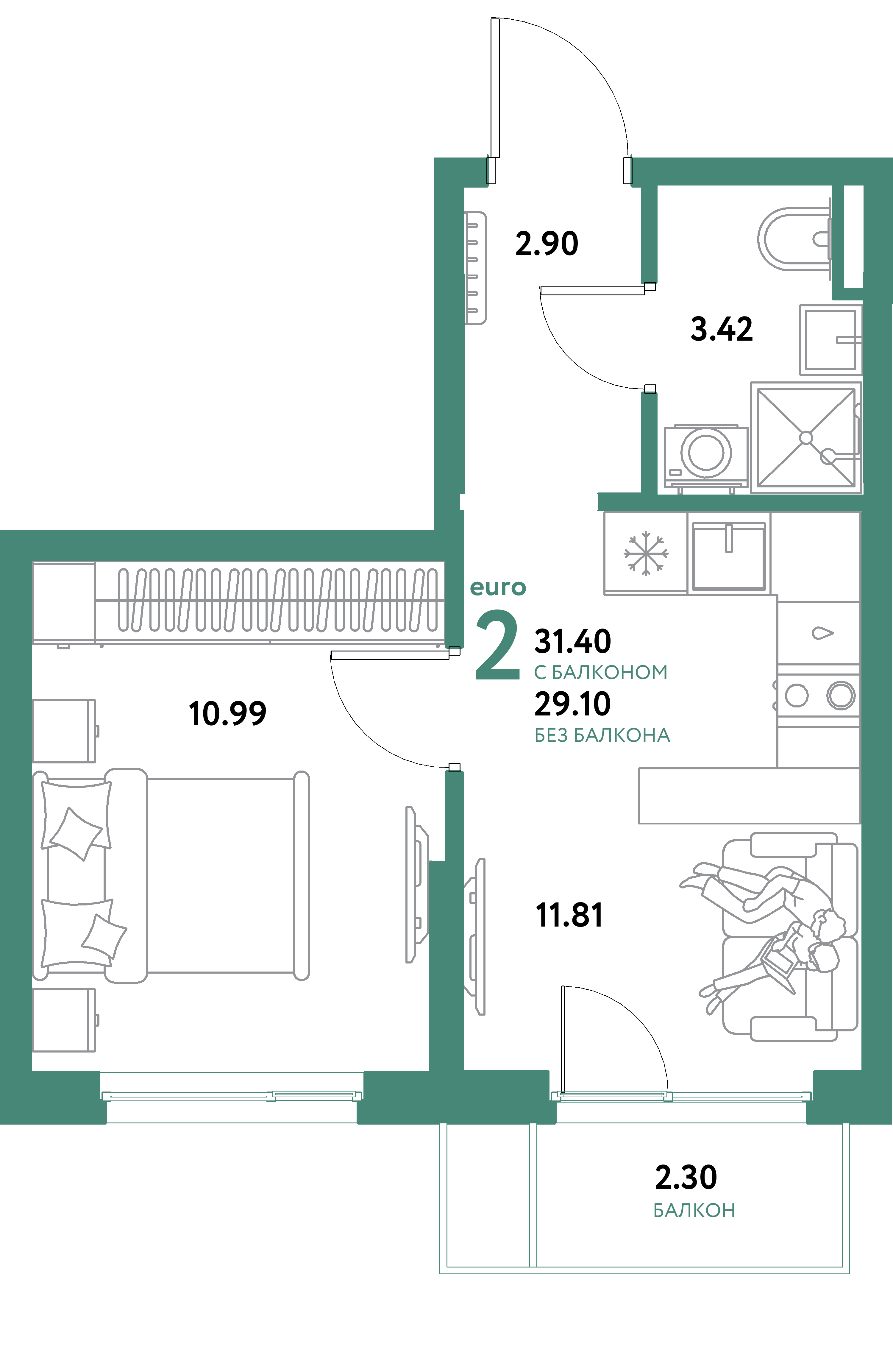 Планировка: Евродвушка 31,4 м² в ЖК «Остров-сад»
