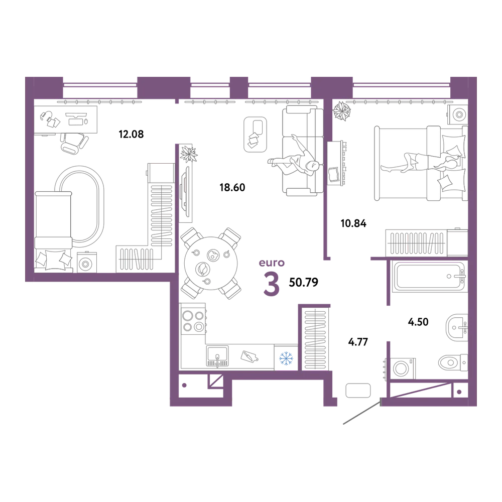 Планировка: Евротрёшка 50,79 м²