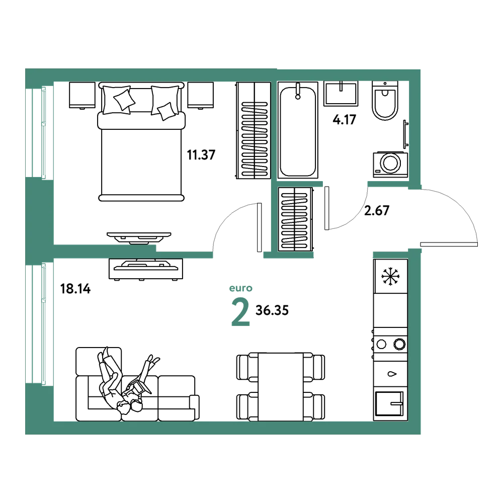 Планировка: Евродвушка 36,35 м²