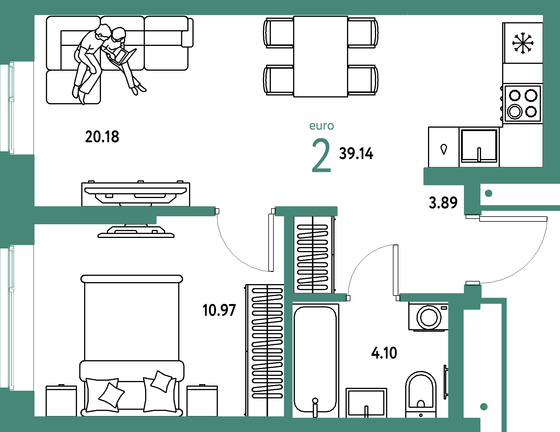 Планировка: Евродвушка 39,14 м² в ЖК «Домашний»