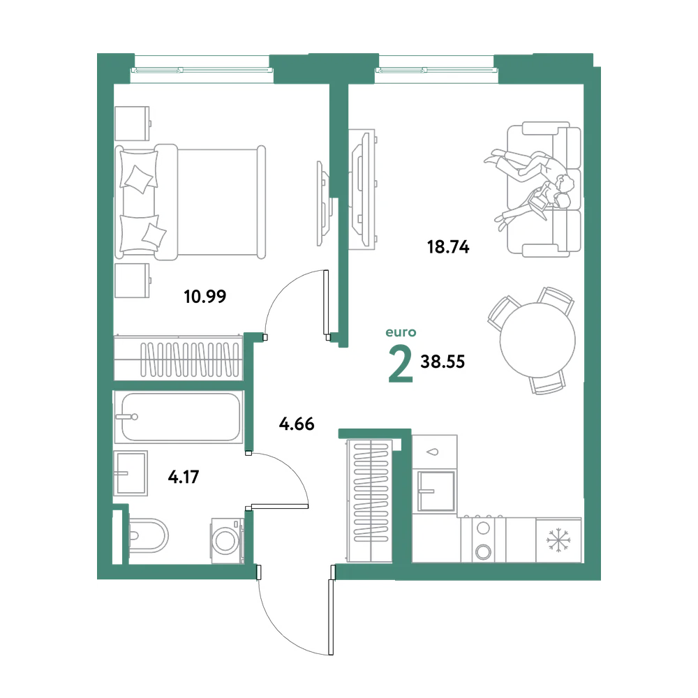 Планировка: Евродвушка 38,55 м²