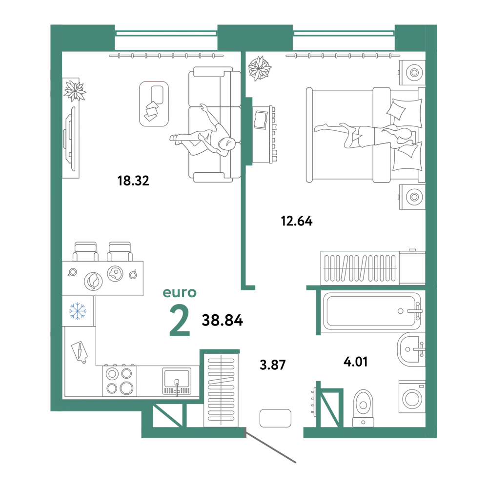 Планировка: Евродвушка 38,84 м²