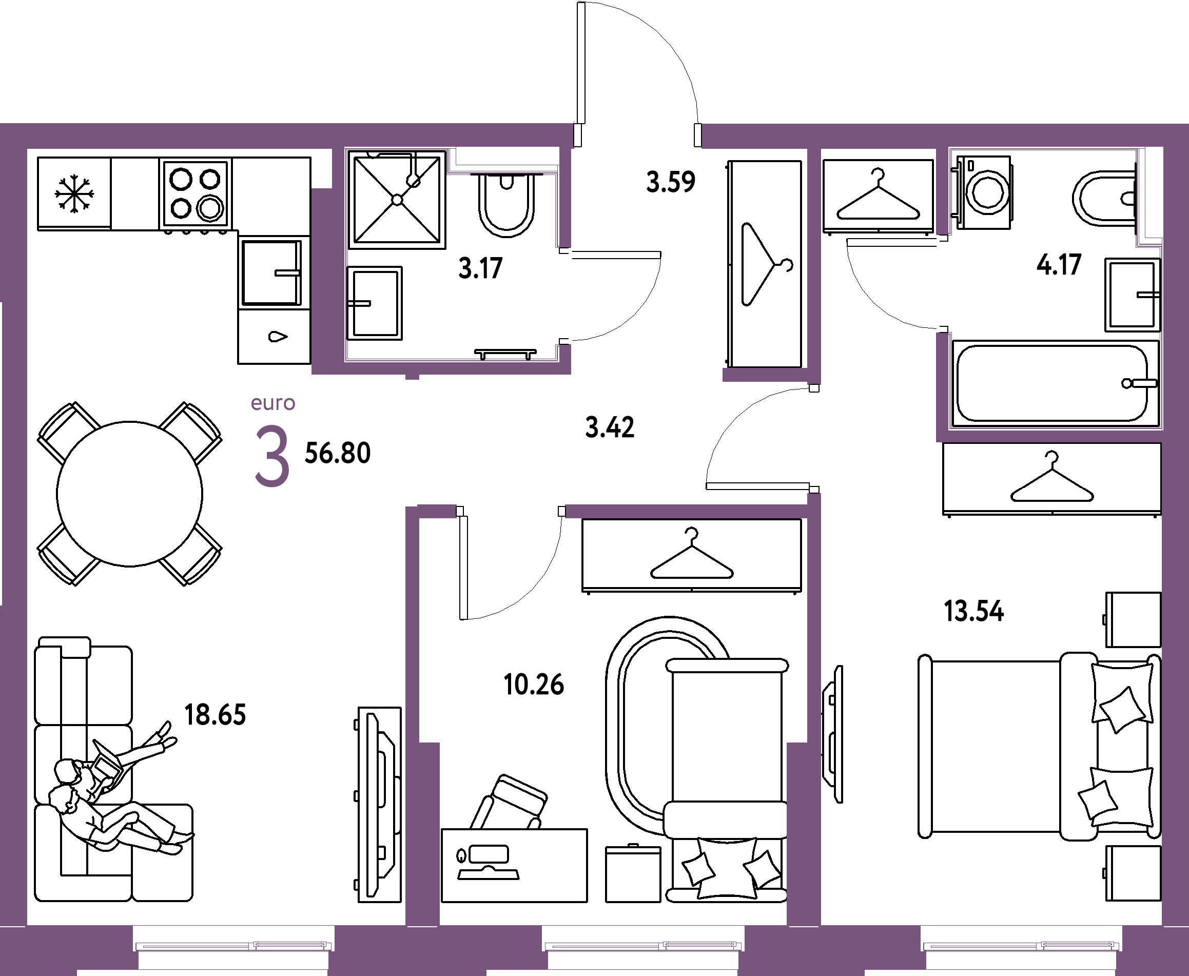 Планировка: Евротрёшка 56,8 м² в ЖК «Европейский берег 2.0»