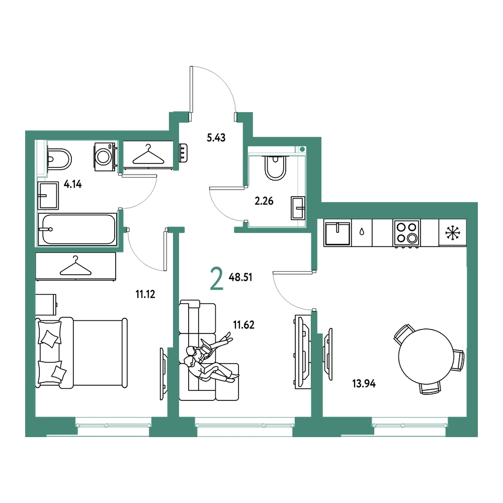 Планировка: 2-комнатная 48,51 м²