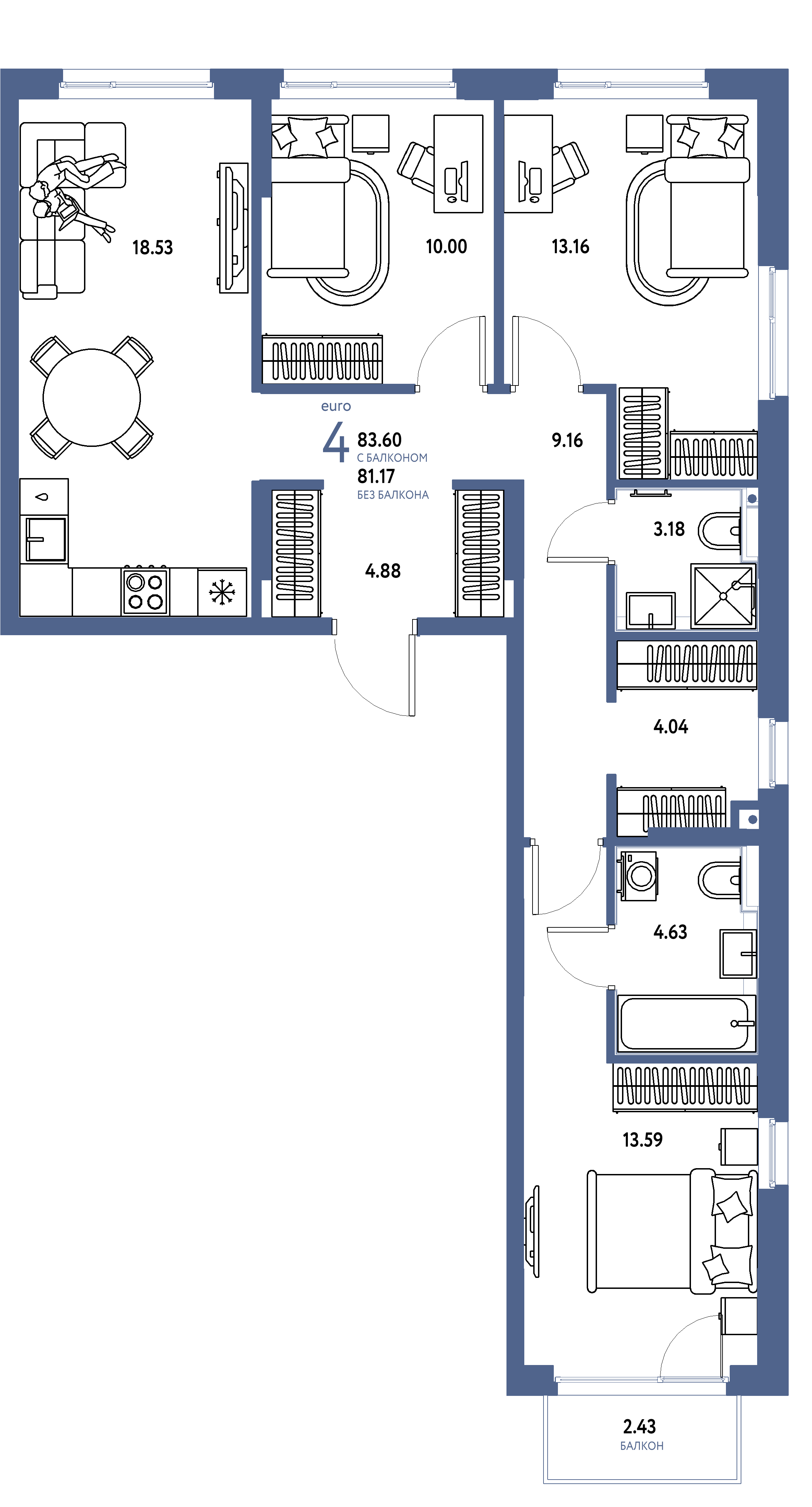 Планировка: Евро-4 83,6 м² в ЖК «Сердце Сибири»