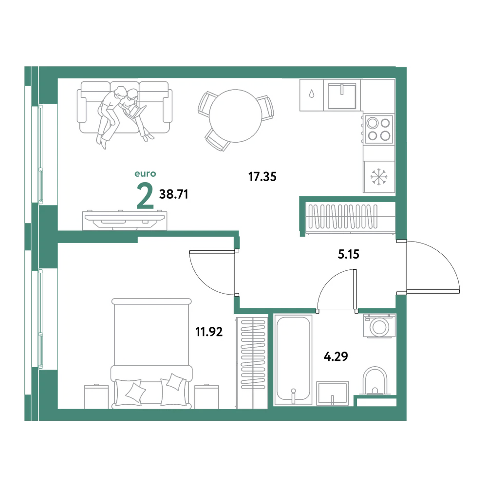 Планировка: Евродвушка 38,71 м²