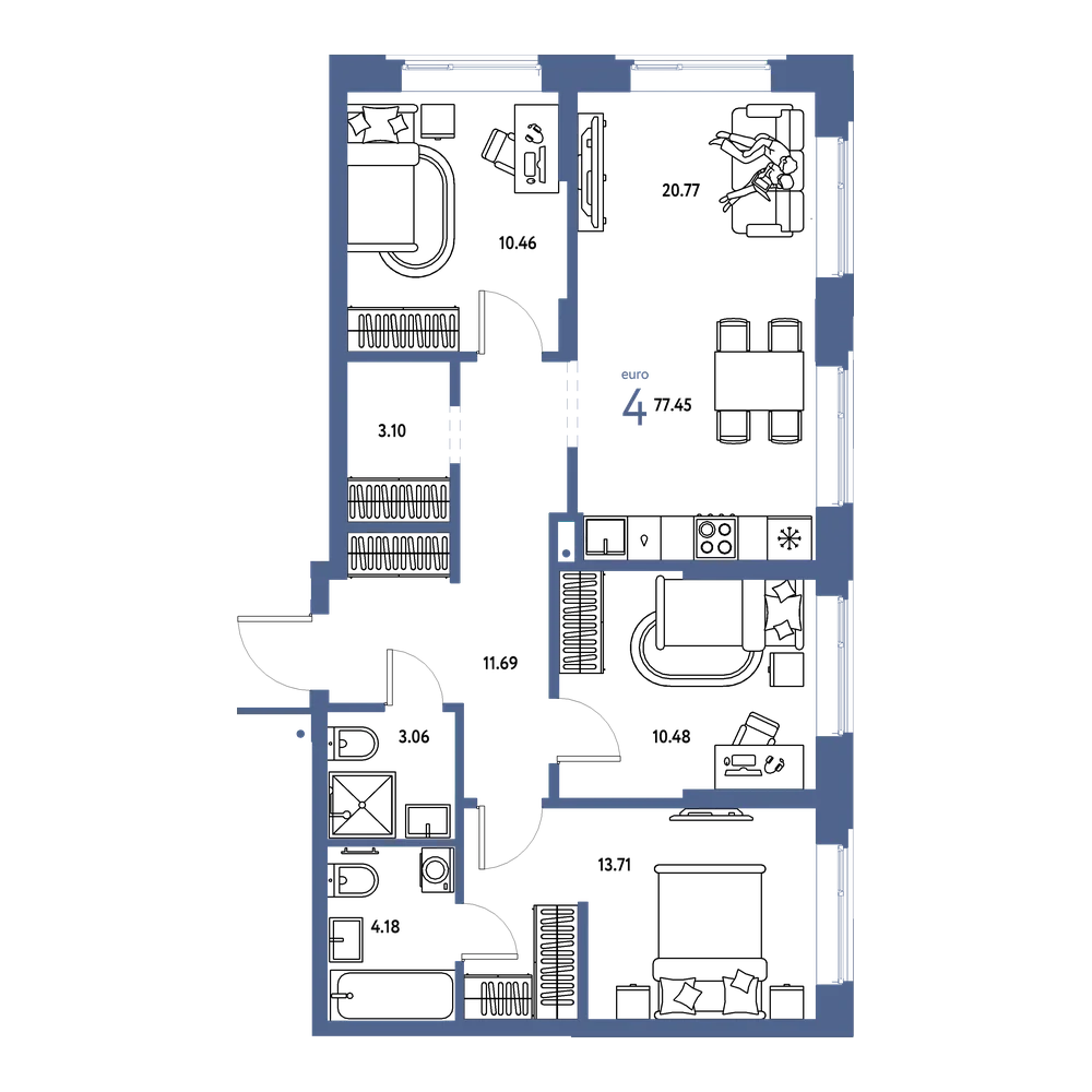 Планировка: Евро-4 77,45 м²
