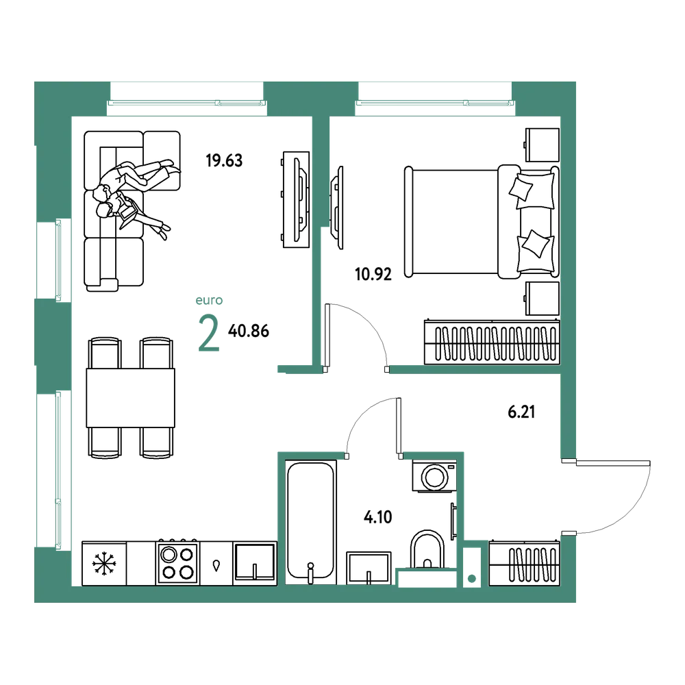 Планировка: Евродвушка 40,86 м²