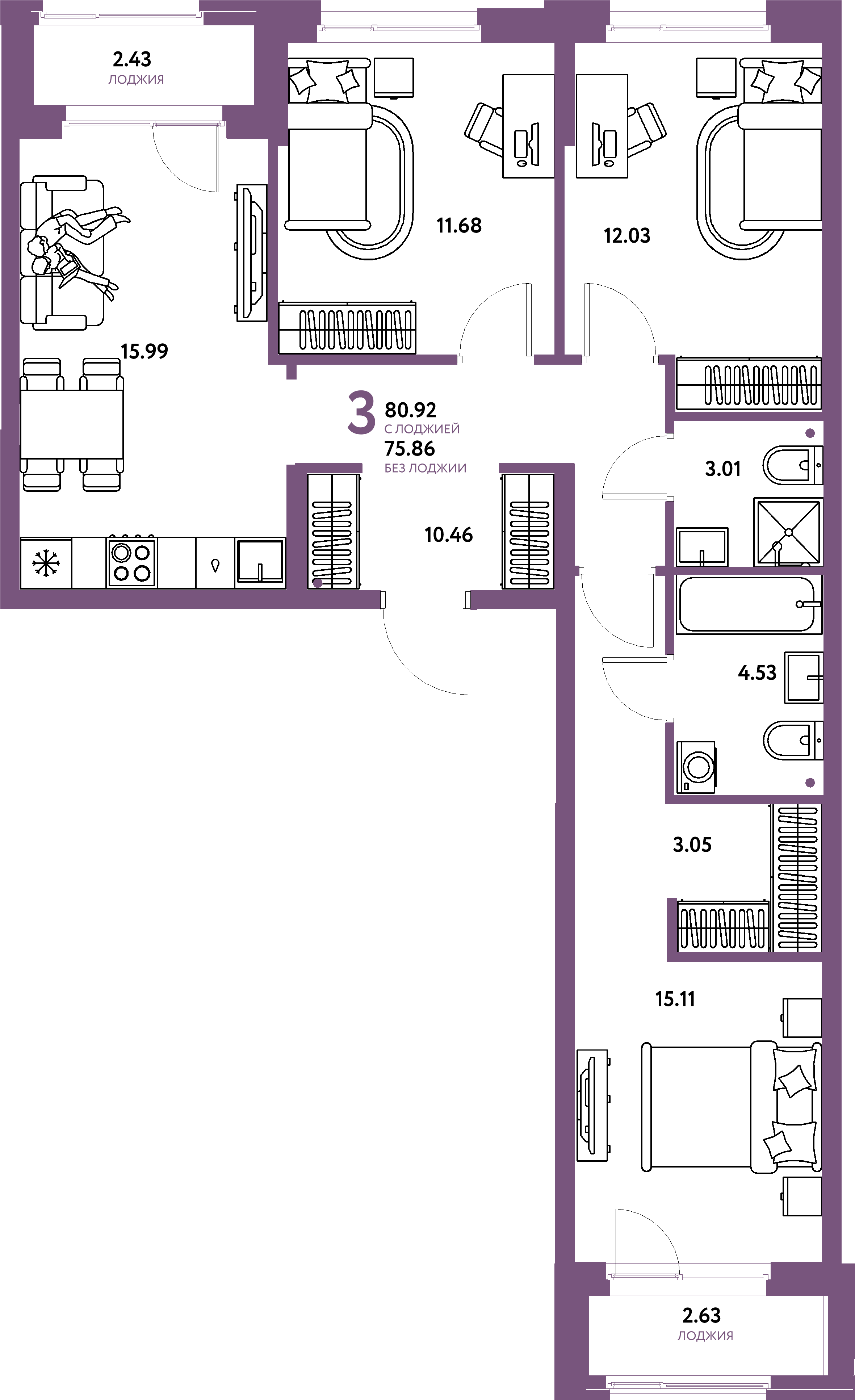 Планировка: 3-комнатная 80,92 м² в ЖК «Европейский берег 2.0»