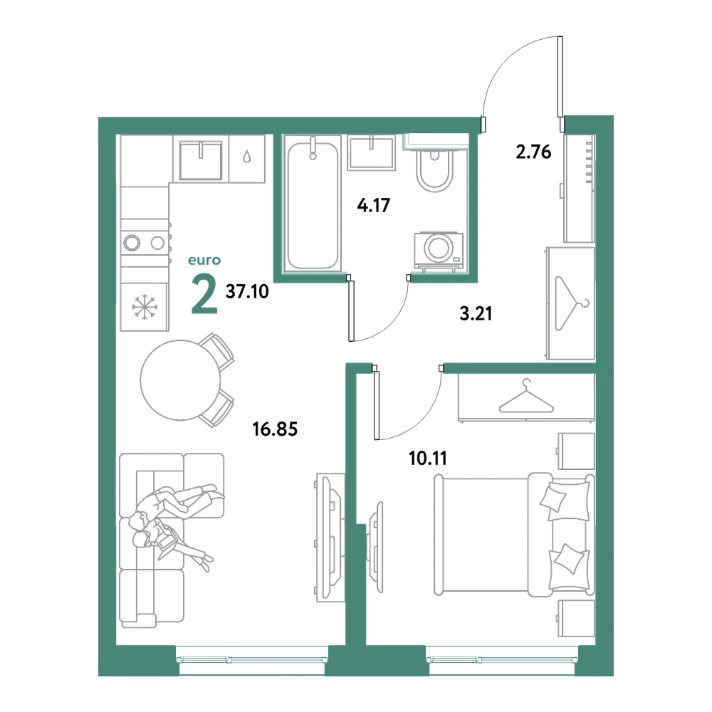 Планировка: Евродвушка 37,1 м²