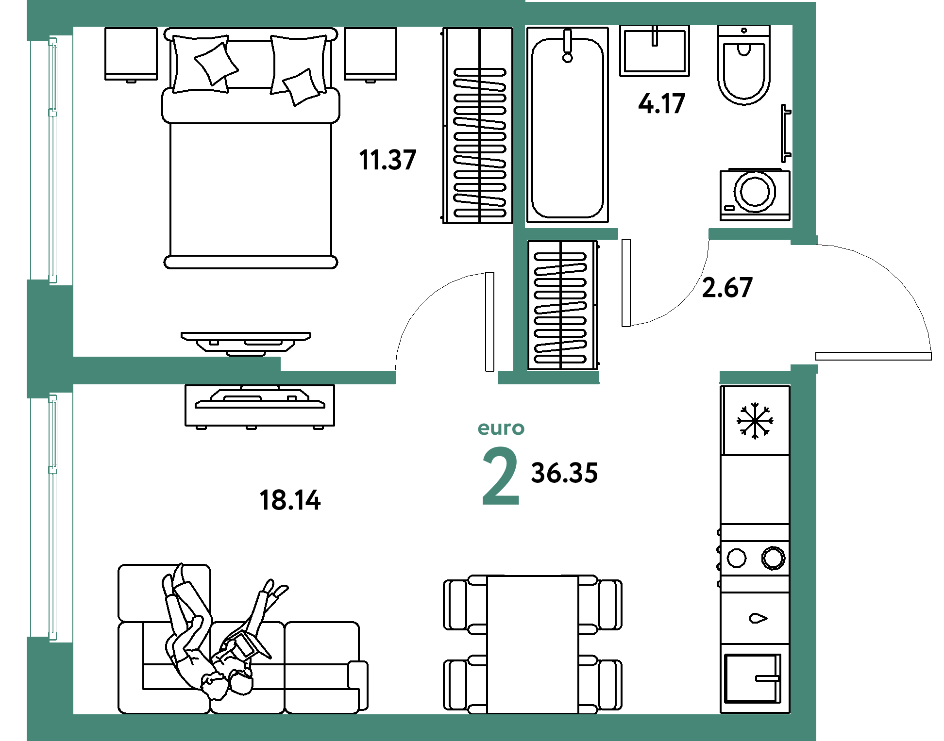 Планировка: Евродвушка 36,35 м² в ЖК «Европейский берег 2.0»
