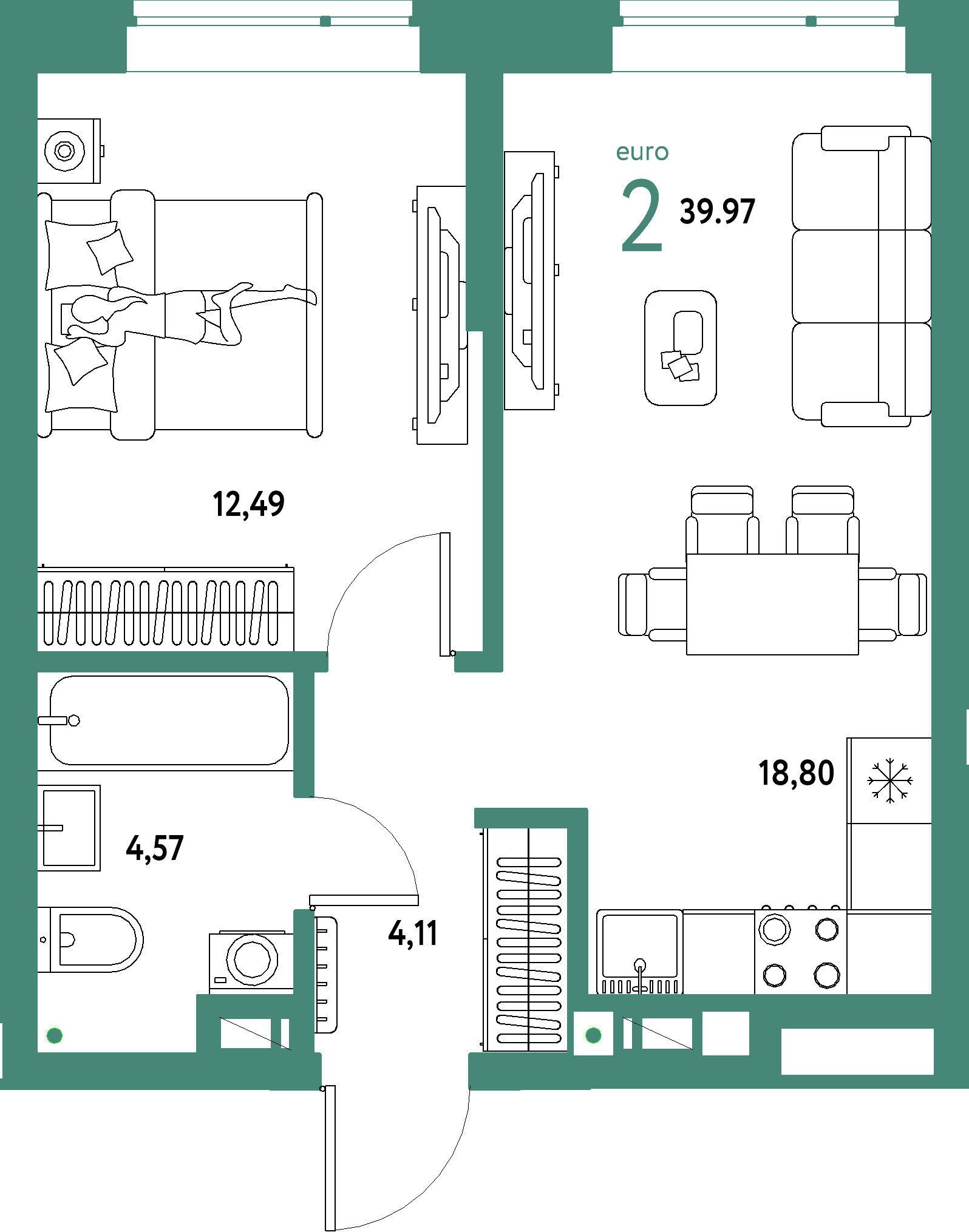 Планировка: Евродвушка 39,97 м² в ЖК «Авторский»