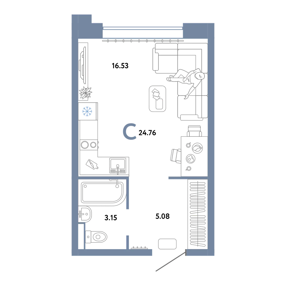 Планировка: Студия 24,76 м²