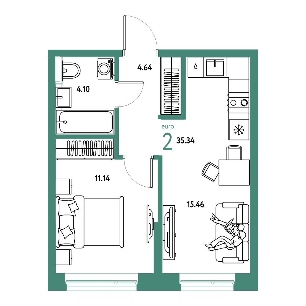 Планировка: Евродвушка 35,41 м²
