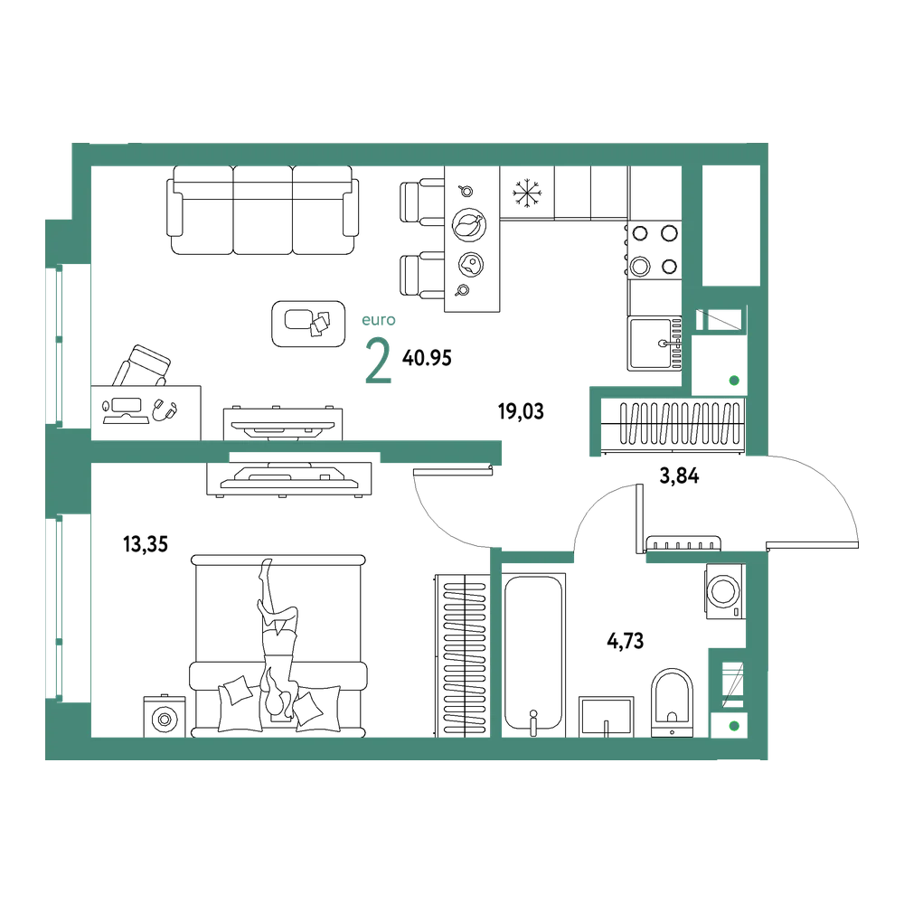 Планировка: Евродвушка 40,95 м²