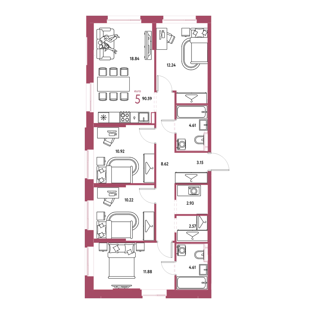 Планировка: Евро-5 90,59 м²