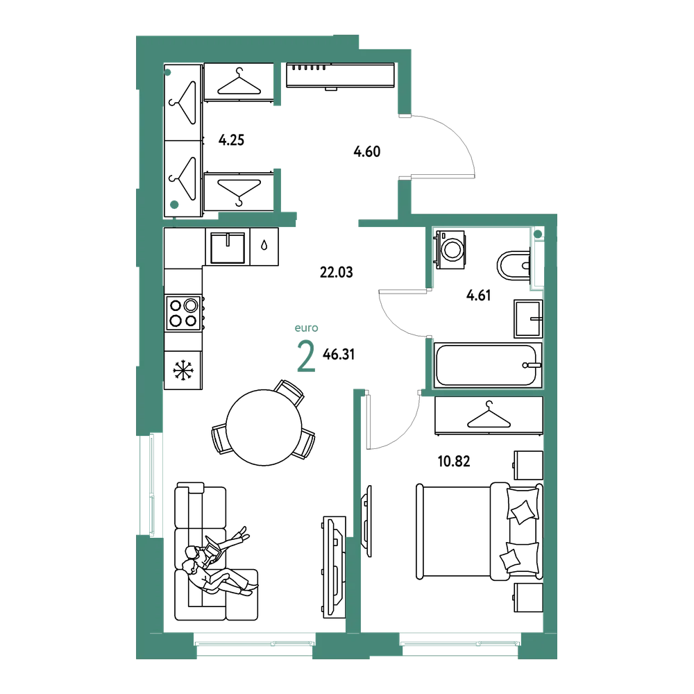Планировка: Евродвушка 46,31 м²