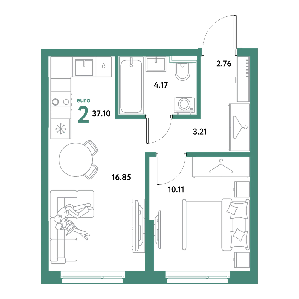Планировка: Евродвушка 37,1 м²